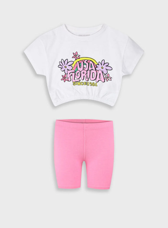 Παιδικό καλοκαιρινό σετ Energiers για κορίτσια με crop top "USA Florida" και ροζ κολάν