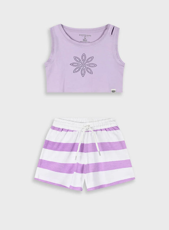 Σετ Energiers κοριτσιού με λιλά crop top και ριγέ σορτσάκι σε λευκό και λιλά

