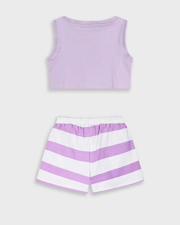 Σετ Energiers κοριτσιού με λιλά crop top και ριγέ σορτσάκι σε λευκό και λιλά

