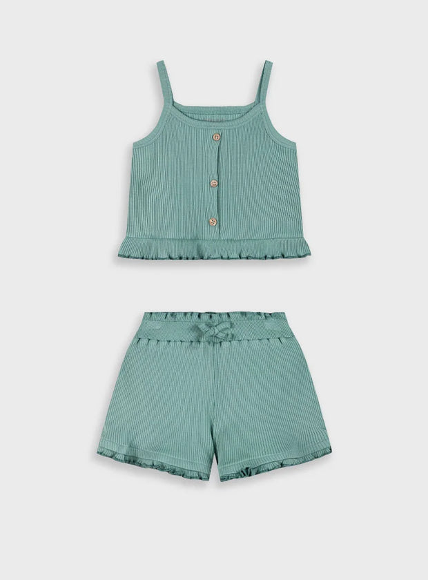 Σετ Energiers κοριτσιού με πράσινο ριμπ τοπ με κουμπιά και σορτσάκι με φιόγκο

