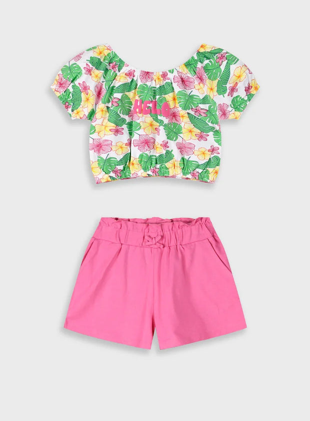 Σετ Energiers κοριτσίστικο με μπλούζα off shoulder tropical και ροζ σορτσάκι

