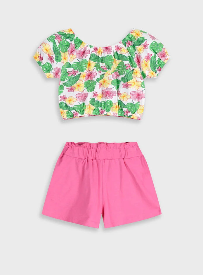 Σετ Energiers κοριτσίστικο με μπλούζα off shoulder tropical και ροζ σορτσάκι

