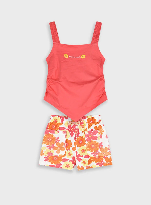 Σετ Energiers κοριτσίστικο με κοραλί τοπ και floral σορτσάκι σε αποχρώσεις πορτοκαλί, ροζ και κίτρινο

