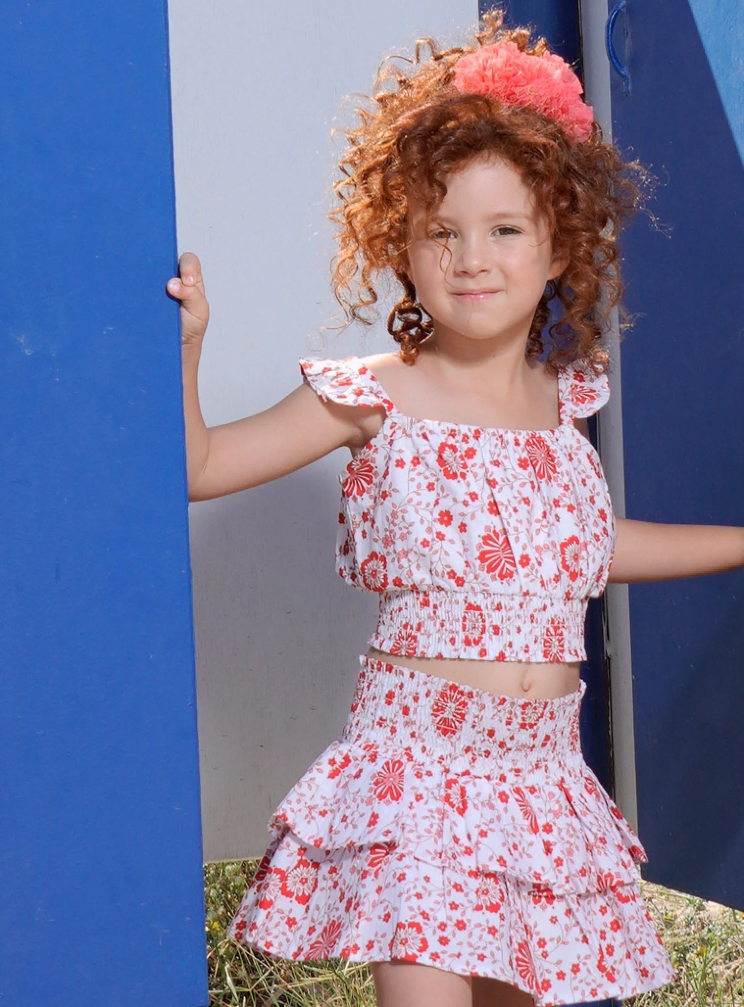 Παιδικό σετ Energiers κορίτσι floral κόκκινο crop top με βολάν και φούστα με διπλό βολάν