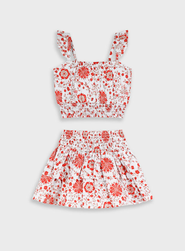 Παιδικό σετ Energiers κορίτσι floral κόκκινο crop top με βολάν και φούστα με διπλό βολάν