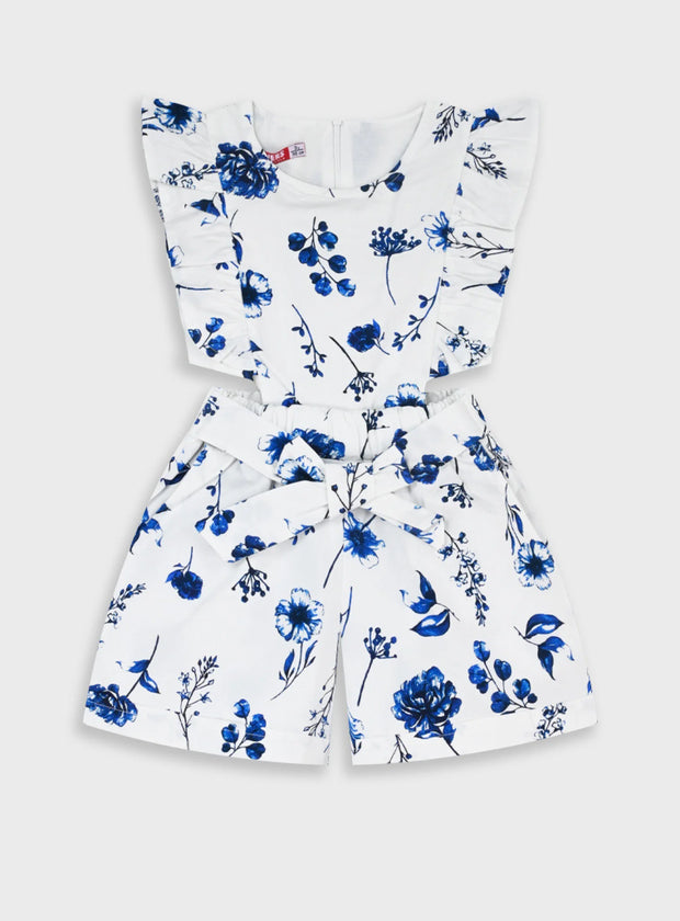Energiers παιδικό ολόσωμο σορτς λευκό με μπλε floral σχέδιο και βολάν στους ώμους