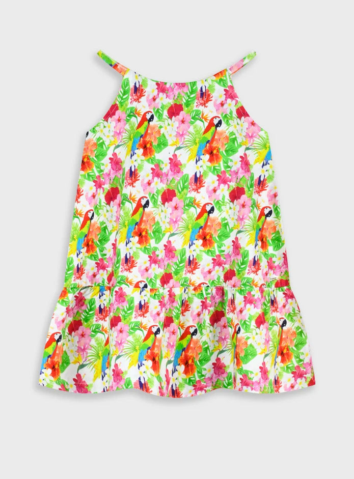 Energiers παιδικό φόρεμα για κορίτσι με tropical λουλούδια και πολύχρωμους παπαγάλους