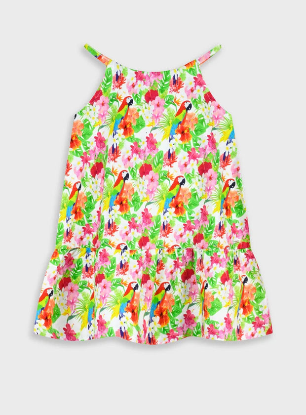 Energiers παιδικό φόρεμα για κορίτσι με tropical λουλούδια και πολύχρωμους παπαγάλους