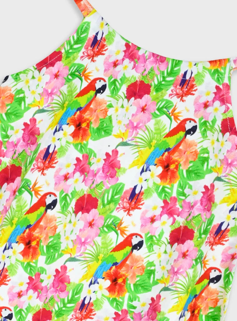 Energiers παιδικό φόρεμα για κορίτσι με tropical λουλούδια και πολύχρωμους παπαγάλους