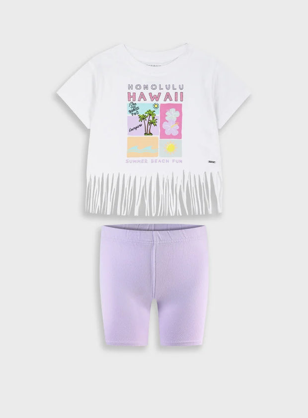 Energiers σετ κοριτσιού με λευκή μπλούζα Honolulu Hawaii με κρόσσια και λιλά κολάν