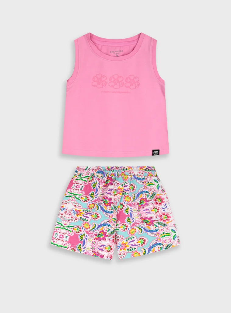 Energiers σετ κοριτσιού με ροζ αμάνικη μπλούζα και πολύχρωμο εμπριμέ σορτς