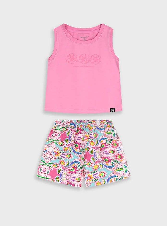 Energiers σετ κοριτσιού με ροζ αμάνικη μπλούζα και πολύχρωμο εμπριμέ σορτς