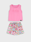 Energiers σετ κοριτσιού με ροζ αμάνικη μπλούζα και πολύχρωμο εμπριμέ σορτς