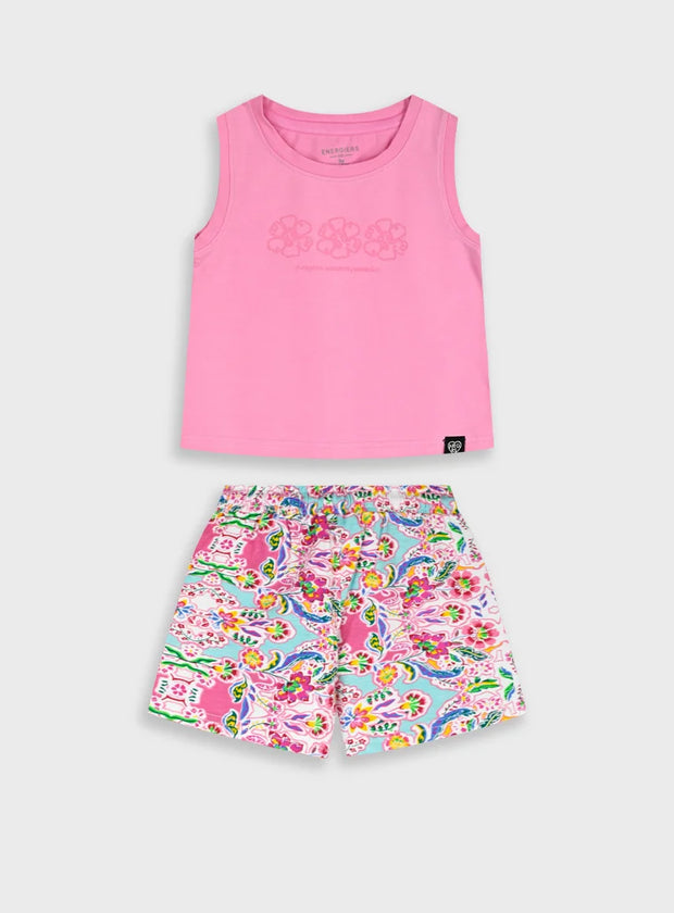 Energiers σετ κοριτσιού με ροζ αμάνικη μπλούζα και πολύχρωμο εμπριμέ σορτς