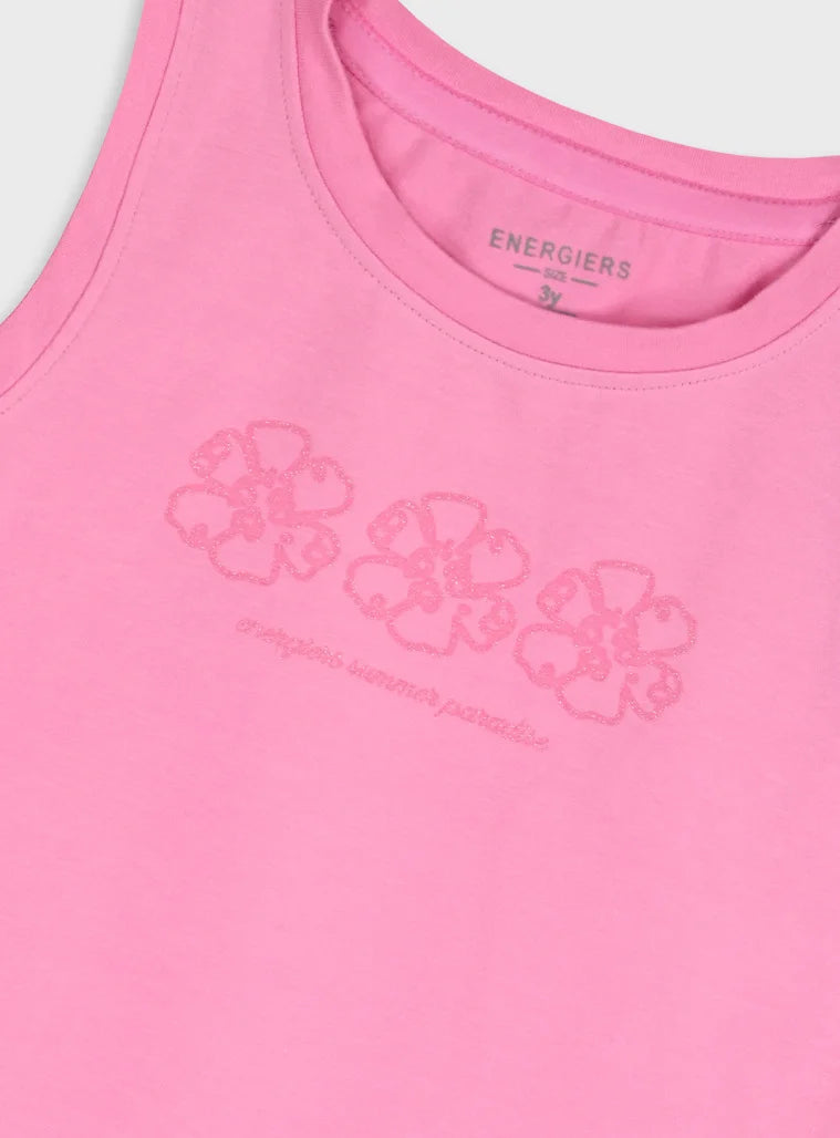 Energiers σετ κοριτσιού με ροζ αμάνικη μπλούζα και πολύχρωμο εμπριμέ σορτς