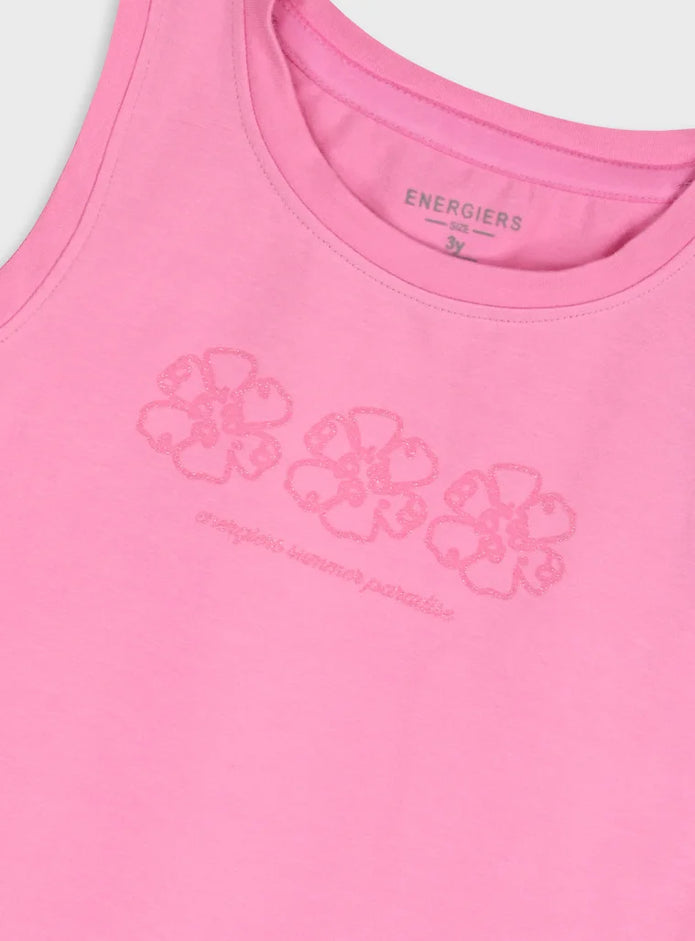 Energiers σετ κοριτσιού με ροζ αμάνικη μπλούζα και πολύχρωμο εμπριμέ σορτς