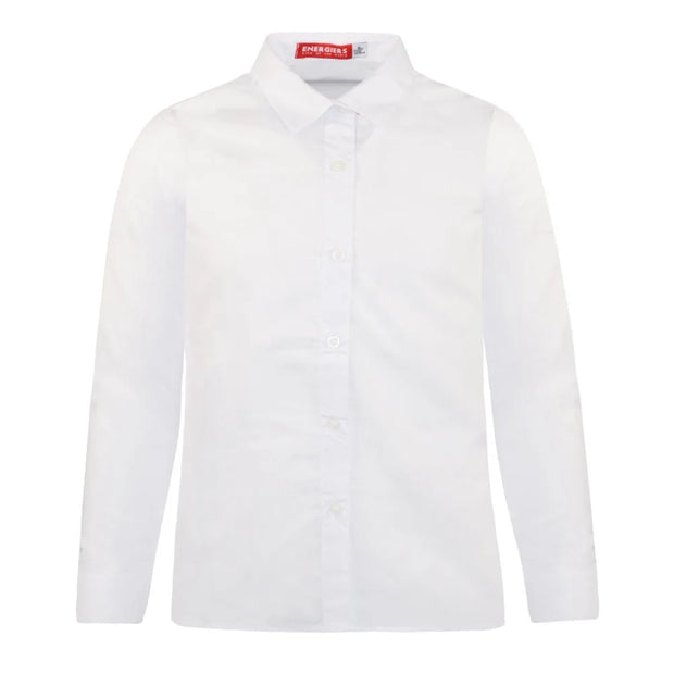 Παιδικό λευκό πουκάμισο με μακρύ μανίκι, κλασικό γιακά και κουμπιά μπροστά. Ιδανικό για επίσημες εμφανίσεις και εκδηλώσεις, κατασκευασμένο από ποιοτικό και άνετο ύφασμα. Πουκάμισο παρέλασης 