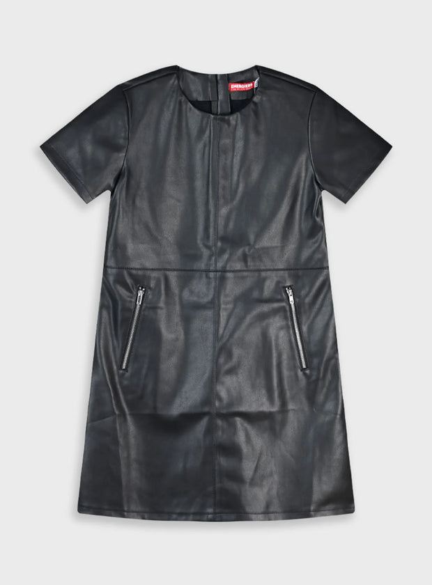 Παιδικό μαύρο φόρεμα Energiers σε απομίμηση δέρματος με κοντό μανίκι και φερμουάρ