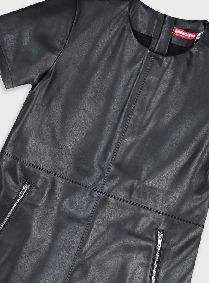 Παιδικό μαύρο φόρεμα Energiers σε απομίμηση δέρματος με κοντό μανίκι και φερμουάρ