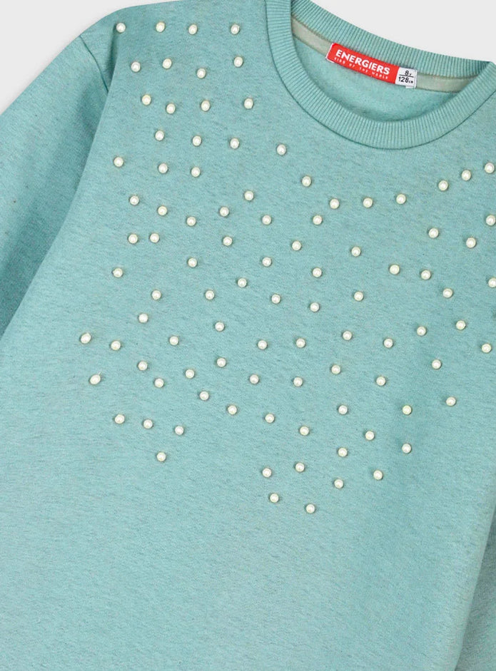 Πράσινο παιδικό φόρεμα-φούτερ Energiers με πέρλες στο μπροστινό μέρος.