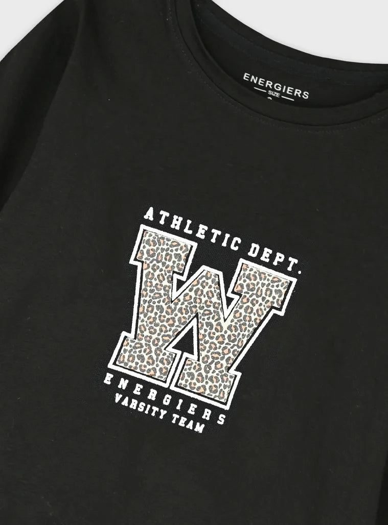 Energiers παιδικό σετ για κορίτσι με μαύρη μπλούζα Athletic Dept και λεοπάρ παντελόνι καμπάνα