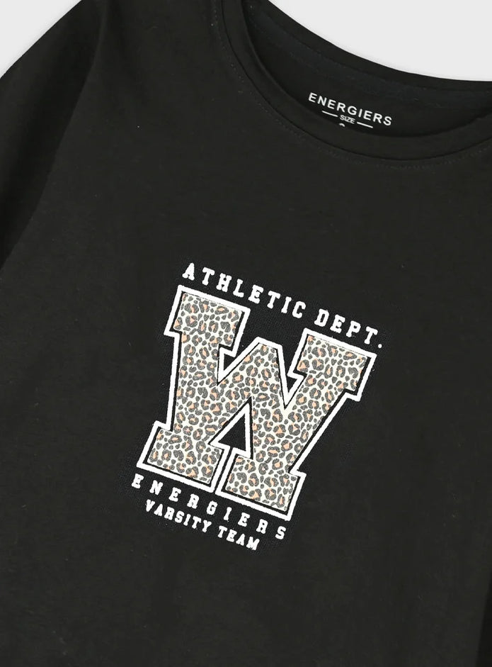 Energiers παιδικό σετ για κορίτσι με μαύρη μπλούζα Athletic Dept και λεοπάρ παντελόνι καμπάνα
