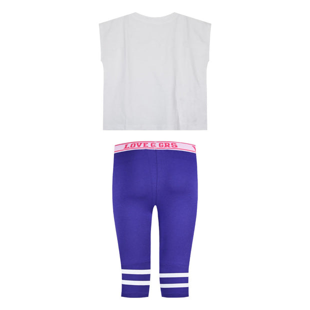 Παιδικό σετ με λευκό crop top και ροζ στάμπα "Love Yourself First" συνδυασμένο με μωβ κολάν 3/4 με αθλητικό σχέδιο και λάστιχο "LOVE GRS". Ιδανικό για καθημερινές δραστηριότητες.
