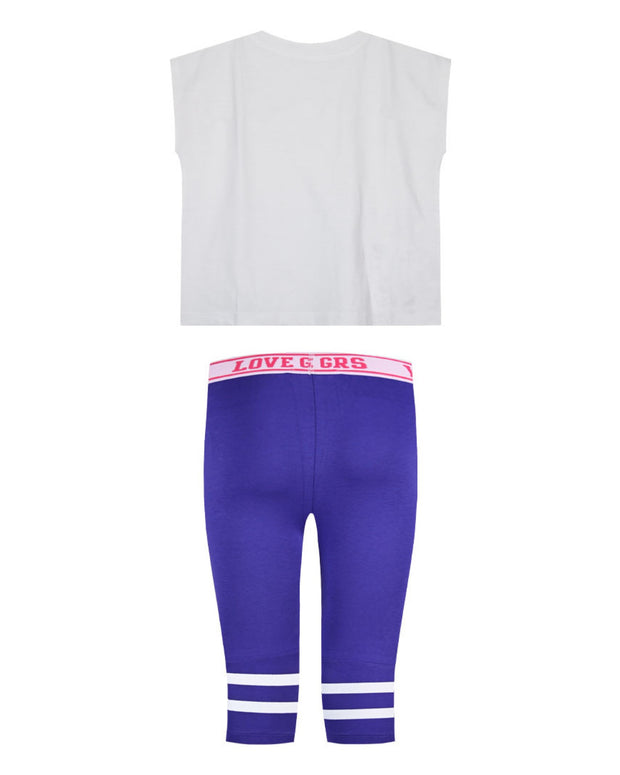 Παιδικό σετ με λευκό crop top και ροζ στάμπα "Love Yourself First" συνδυασμένο με μωβ κολάν 3/4 με αθλητικό σχέδιο και λάστιχο "LOVE GRS". Ιδανικό για καθημερινές δραστηριότητες.
