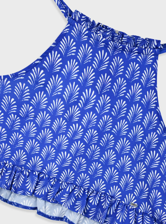 Crop top με τιράντες και βολάν σε μπλε χρώμα με λευκό μοτίβο