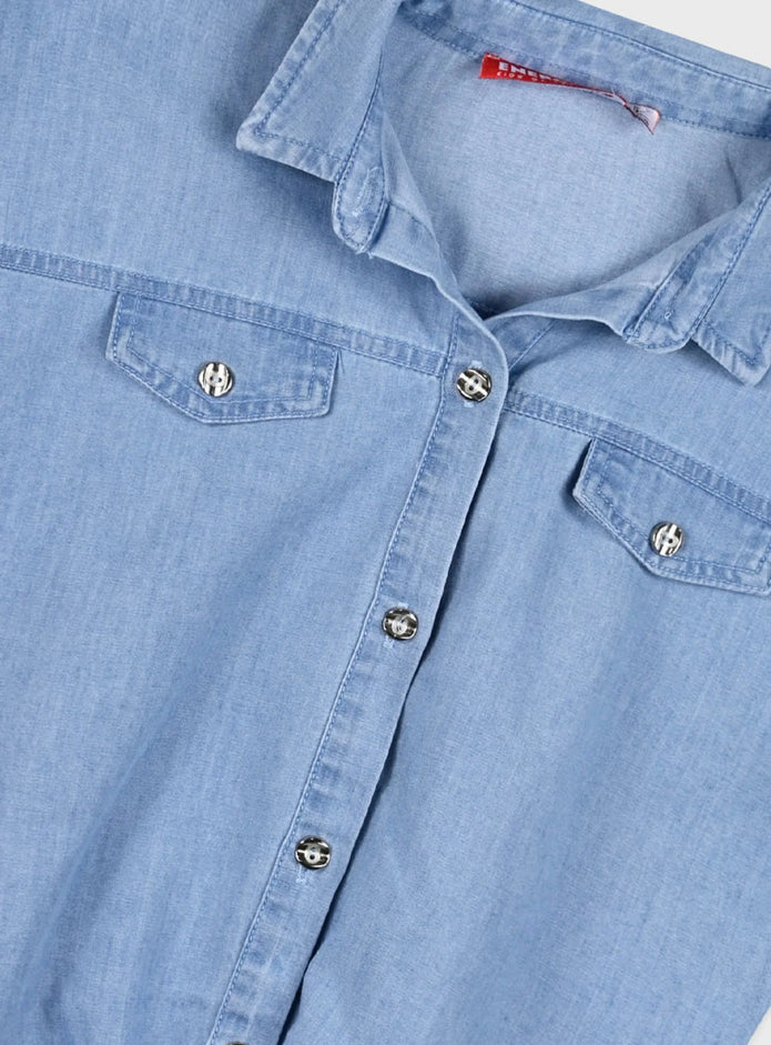 Κοριτσίστικη τζιν μπλούζα με κοντά μανίκια και βολάν, μπροστινό δέσιμο και τσέπες με καπάκι