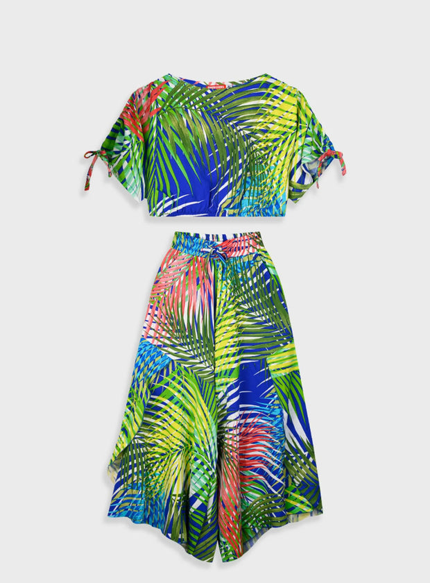 Παιδικό σετ Energiers με tropical μοτίβο, crop top και ασορτί φαρδιά παντελόνα σε έντονα χρώματα