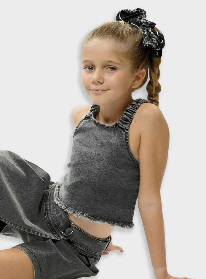 Παιδικό denim crop top Energiers με κουμπιά μπροστά σε μαύρη και ανοιχτό μπλε απόχρωση

