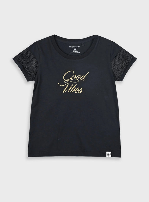 Παιδική μαύρη κοντομάνικη μπλούζα Energiers με χρυσή στάμπα Good Vibes και κρόσσια στα μανίκια