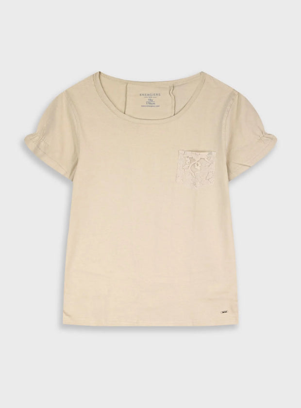 Παιδικό μπεζ μπλουζάκι Energiers με δαντέλα στην πλάτη και κοντά μανίκια
