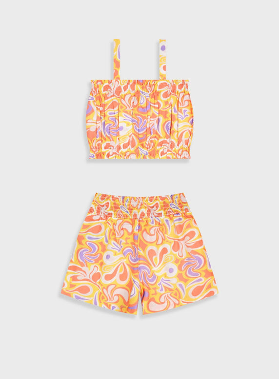 Σετ Energiers με crop top και σορτς σε αποχρώσεις πορτοκαλί, μωβ και κίτρινο