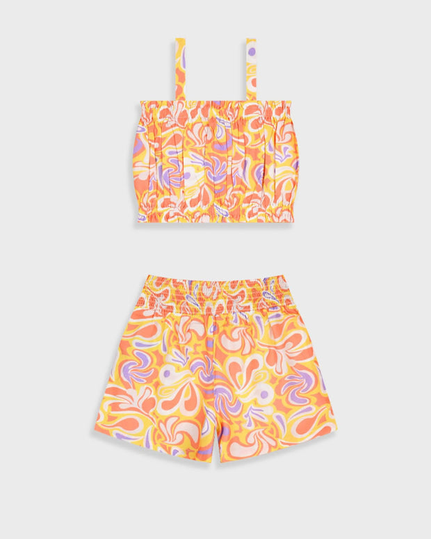 Σετ Energiers με crop top και σορτς σε αποχρώσεις πορτοκαλί, μωβ και κίτρινο