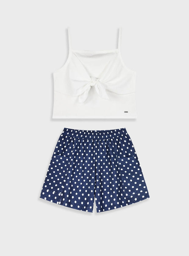 Λευκό crop top Energiers με φιόγκο και μπλε πουά βερμούδα με τσέπες για κορίτσια