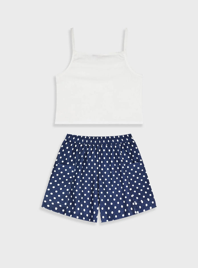 Λευκό crop top Energiers με φιόγκο και μπλε πουά βερμούδα με τσέπες για κορίτσια