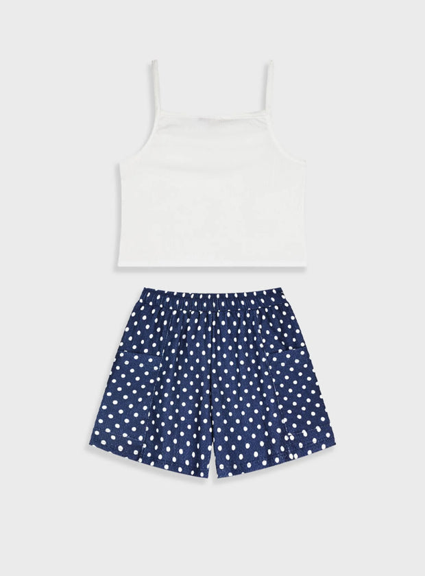 Λευκό crop top Energiers με φιόγκο και μπλε πουά βερμούδα με τσέπες για κορίτσια