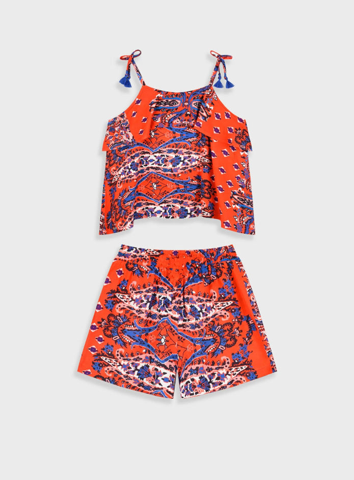 Σετ Energiers για κορίτσια με κόκκινο εμπριμέ τοπ με βολάν και ασορτί σορτσάκι με κορδόνι