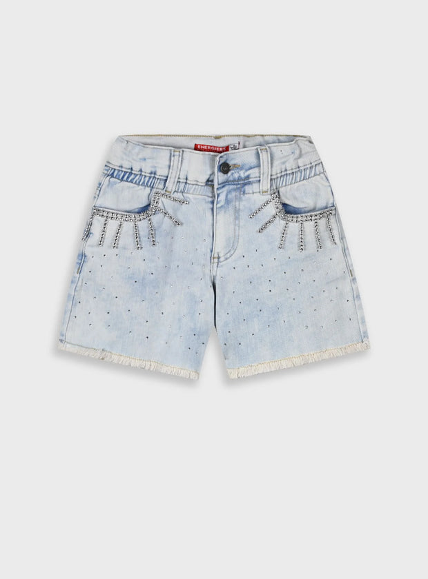 Παιδικό τζιν σορτσάκι Energiers για κορίτσι με στρας και ξέφτια σε ανοιχτόχρωμο denim