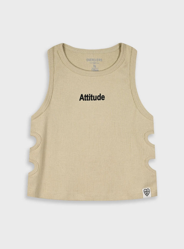 Ριμπ αμάνικο παιδικό τοπ Energiers σε μπεζ χρώμα με λέξη Attitude και κυκλικές κοψίματα στα πλάγια