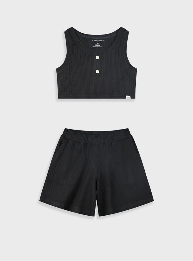 Μαύρο παιδικό καλοκαιρινό σετ Energiers για κορίτσια με ριμπ μπουστάκι και ασορτί σορτσάκι