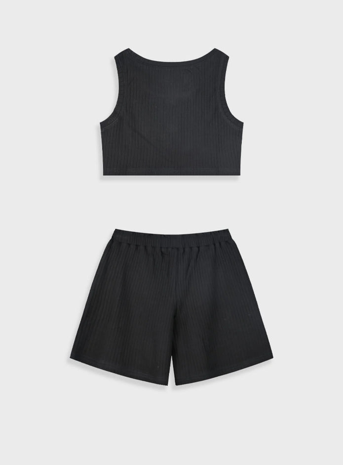 Μαύρο παιδικό καλοκαιρινό σετ Energiers για κορίτσια με ριμπ μπουστάκι και ασορτί σορτσάκι