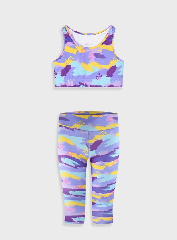 Κοριτσίστικο αθλητικό σετ Energiers με πολύχρωμο τύπωμα, που περιλαμβάνει μπουστάκι και κολάν 3/4