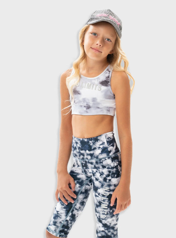 Αθλητικό σετ κοριτσιού Energiers με crop top "NO LIMITS" και κολάν σε γκρι-λευκό tie dye μοτίβο