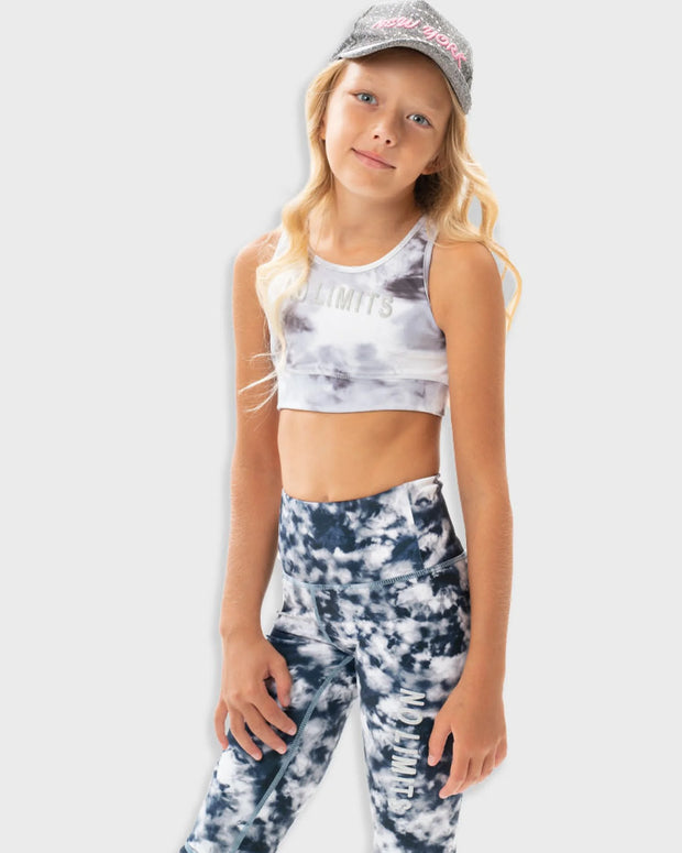 Αθλητικό σετ κοριτσιού Energiers με crop top "NO LIMITS" και κολάν σε γκρι-λευκό tie dye μοτίβο