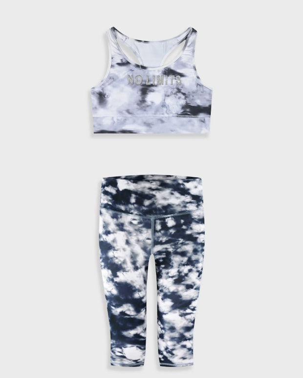 Αθλητικό σετ κοριτσιού Energiers με crop top "NO LIMITS" και κολάν σε γκρι-λευκό tie dye μοτίβο
