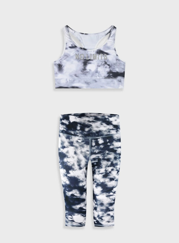 Αθλητικό σετ κοριτσιού Energiers με crop top "NO LIMITS" και κολάν σε γκρι-λευκό tie dye μοτίβο