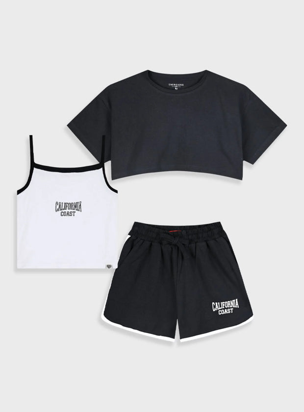 Ανακαλύψτε το κοριτσίστικο σετ 3 τεμαχίων Energiers με t-shirt, τιραντάκι και σορτσάκι με τύπωμα "California Coast". Ιδανικό για στυλάτες καλοκαιρινές εμφανίσεις.